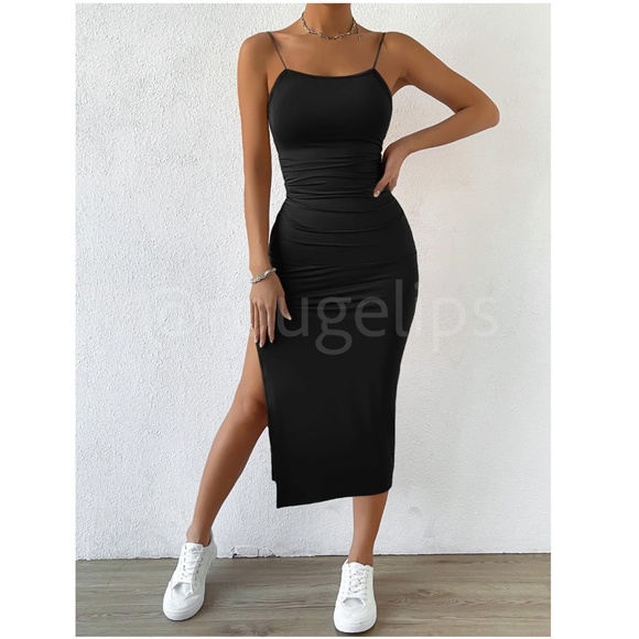 Twisted Back Cami Spaghetti Strap Black Midi Dress High Leg Slit - Picture 14 of 16
